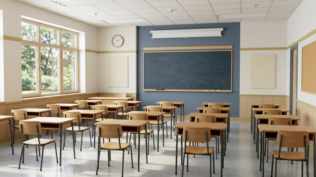 A clean and modern empty classroom in a professional education facility, showing empty wooden student desks, a clean blackboard, slate blue walls, and soft lighting.