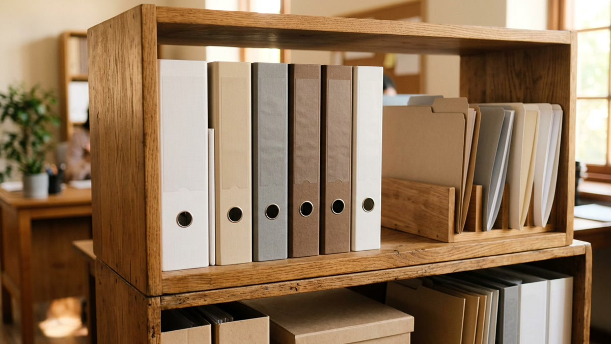 A close-up of a neatly organized shelf with blank, unlabeled binders in an education-service administrative office.