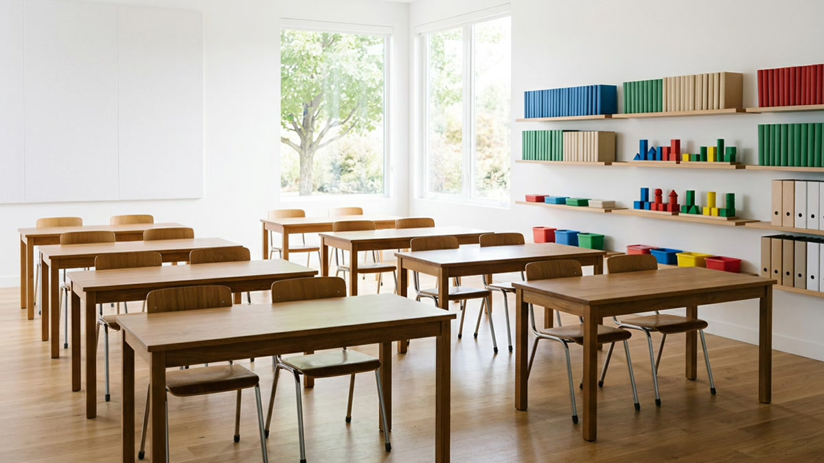 An empty tutoring center showing study tables, minimalist chairs, and shelves with unlabeled materials in a clean classroom setting.